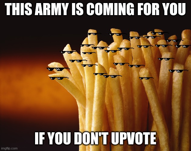 This army is gonna come for you, and not in a good greasy way. | THIS ARMY IS COMING FOR YOU; IF YOU DON'T UPVOTE | image tagged in french fries | made w/ Imgflip meme maker