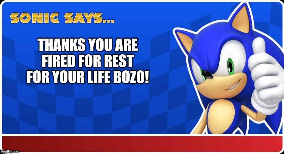 Sonic Says (S&ASR) | THANKS YOU ARE FIRED FOR REST FOR YOUR LIFE BOZO! | image tagged in sonic says s asr | made w/ Imgflip meme maker