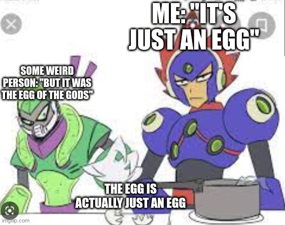 ALL HAIL HOLY EGG! | ME: "IT'S JUST AN EGG"; SOME WEIRD PERSON: "BUT IT WAS THE EGG OF THE GODS"; THE EGG IS ACTUALLY JUST AN EGG | image tagged in egg,megaman,acid_man,blast_man | made w/ Imgflip meme maker