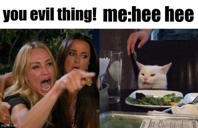 Woman Yelling At Cat | you evil thing! me:hee hee | image tagged in memes,woman yelling at cat | made w/ Imgflip meme maker