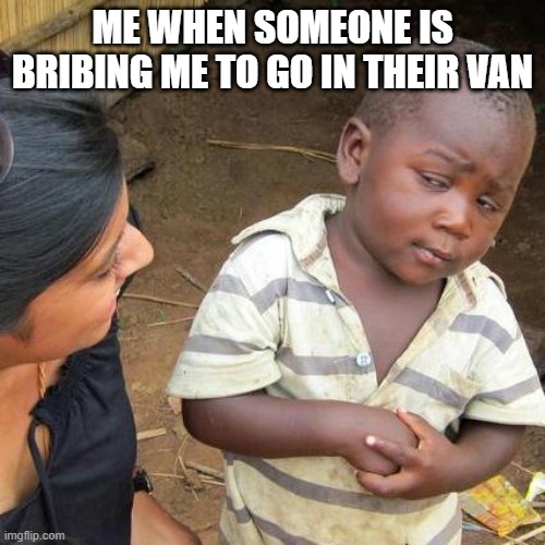 Bribe Meme | ME WHEN SOMEONE IS BRIBING ME TO GO IN THEIR VAN | image tagged in memes,third world skeptical kid | made w/ Imgflip meme maker