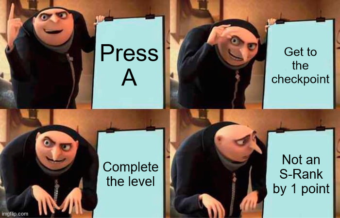 Gru's level plan | Press A; Get to the checkpoint; Complete the level; Not an S-Rank by 1 point | image tagged in memes,gru's plan | made w/ Imgflip meme maker