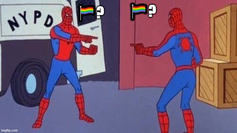 spiderman pointing at spiderman | 🏳‍🌈? 🏳‍🌈? | image tagged in spiderman pointing at spiderman | made w/ Imgflip meme maker