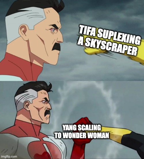 I mean, if we can joke about Ruby scaling to Flash... | TIFA SUPLEXING A SKYSCRAPER; YANG SCALING TO WONDER WOMAN | image tagged in omni man blocks punch,rwby,final fantasy,wonder woman,death battle | made w/ Imgflip meme maker