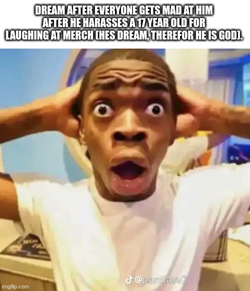 Dream and 17 year olds are as iconic together and yin and yang... | DREAM AFTER EVERYONE GETS MAD AT HIM AFTER HE HARASSES A 17 YEAR OLD FOR LAUGHING AT MERCH (HES DREAM, THEREFOR HE IS GOD). | image tagged in shocked black guy | made w/ Imgflip meme maker