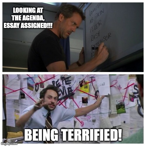 How I think I look | LOOKING AT THE AGENDA, ESSAY ASSIGNED!!! BEING TERRIFIED! | image tagged in how i think i look | made w/ Imgflip meme maker