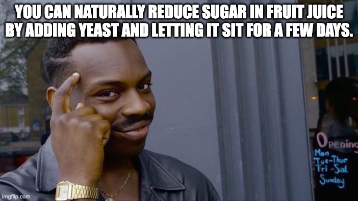 Too much sugar is bad, but, I think I found a solution. | YOU CAN NATURALLY REDUCE SUGAR IN FRUIT JUICE BY ADDING YEAST AND LETTING IT SIT FOR A FEW DAYS. | image tagged in memes,roll safe think about it | made w/ Imgflip meme maker