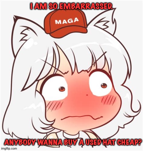 Verdict in, used hat cheap | I AM SO EMBARRASSED. ANYBODY WANNA BUY A USED HAT CHEAP? | image tagged in anime maga | made w/ Imgflip meme maker