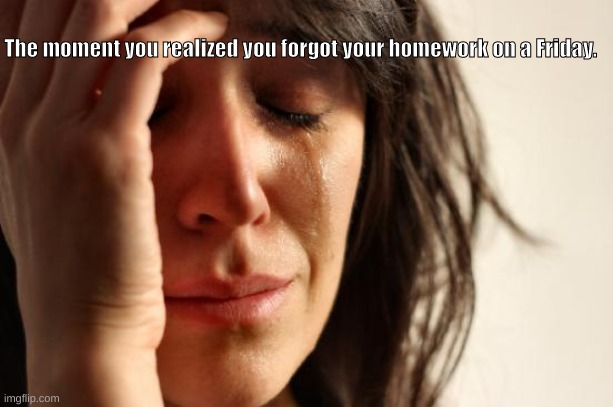 First World Problems | The moment you realized you forgot your homework on a Friday. | image tagged in memes,first world problems | made w/ Imgflip meme maker