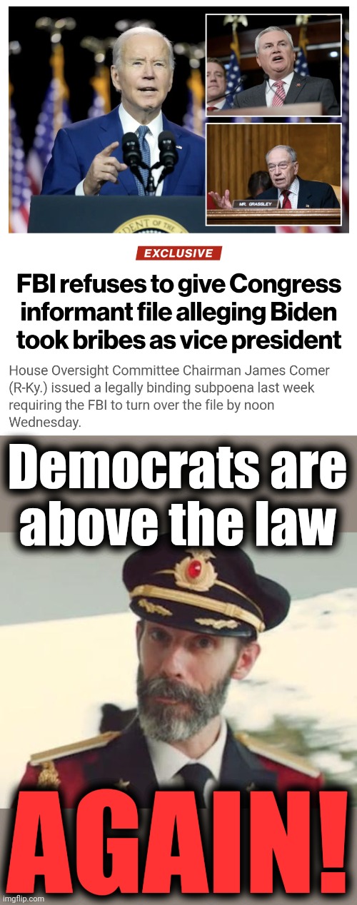 What else is new? | Democrats are
above the law; AGAIN! | image tagged in captain obvious,memes,joe biden,corruption,democrats,fbi | made w/ Imgflip meme maker