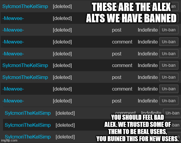THESE ARE THE ALEX ALTS WE HAVE BANNED; YOU SHOULD FEEL BAD ALEX. WE TRUSTED SOME OF THEM TO BE REAL USERS, YOU RUINED THIS FOR NEW USERS. | made w/ Imgflip meme maker