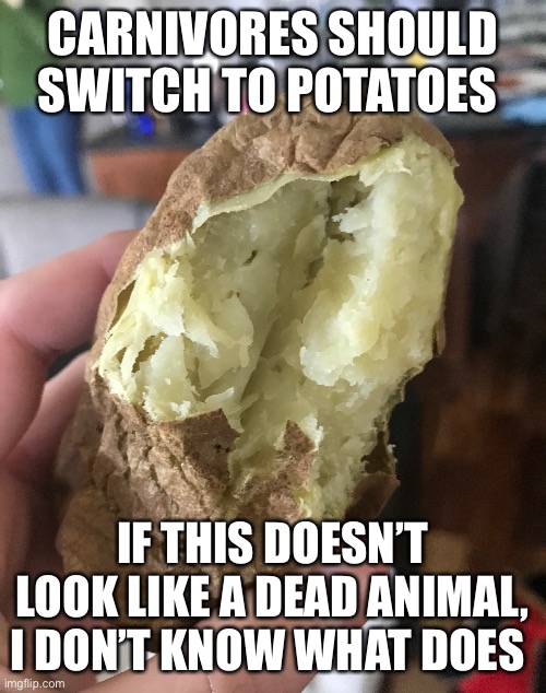 Potatoes | CARNIVORES SHOULD SWITCH TO POTATOES; IF THIS DOESN’T LOOK LIKE A DEAD ANIMAL, I DON’T KNOW WHAT DOES | image tagged in potato | made w/ Imgflip meme maker