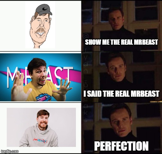 This is indeed mrbeast | SHOW ME THE REAL MRBEAST; I SAID THE REAL MRBEAST; PERFECTION | image tagged in mrbeast,fake mrbeast | made w/ Imgflip meme maker