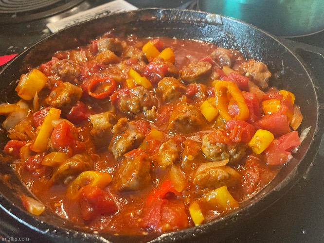 Skillet Italian sausage with peppers and onions | image tagged in cooking | made w/ Imgflip meme maker