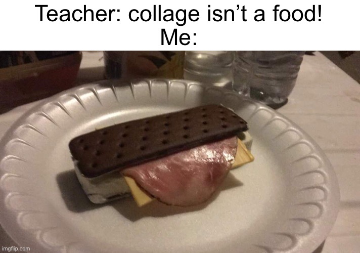 Meme #1,126 (mod note college) | Teacher: collage isn’t a food!
Me: | image tagged in ice cream,sandwich,cursed image,cursed,memes,collage | made w/ Imgflip meme maker