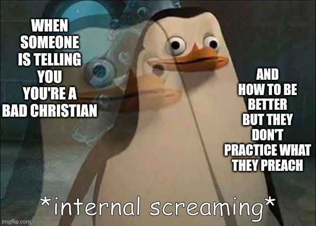 Bro you do it and then maybe I will be a little more motivated | AND HOW TO BE BETTER
BUT THEY DON'T PRACTICE WHAT THEY PREACH; WHEN SOMEONE IS TELLING YOU YOU'RE A BAD CHRISTIAN | image tagged in private internal screaming,hypocrisy,christian memes,christians,annoying people | made w/ Imgflip meme maker