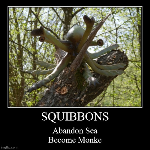 Abandon Sea Become Monke | SQUIBBONS | Abandon Sea
Become Monke | image tagged in funny,demotivationals | made w/ Imgflip demotivational maker