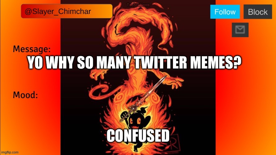 Slayer’s Temp | YO WHY SO MANY TWITTER MEMES? CONFUSED | image tagged in slayer s temp | made w/ Imgflip meme maker