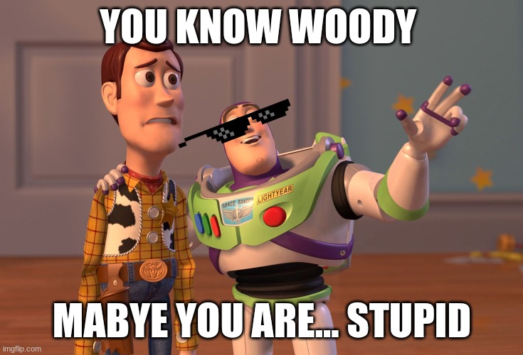 woody and buzz 20 years later | YOU KNOW WOODY; MABYE YOU ARE... STUPID | image tagged in memes,x x everywhere | made w/ Imgflip meme maker