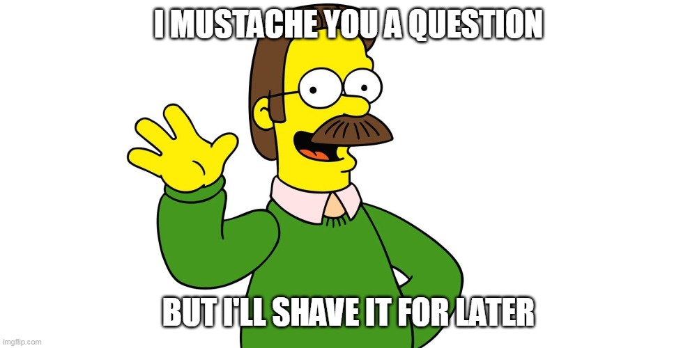 Ned Flanders Wave | I MUSTACHE YOU A QUESTION; BUT I'LL SHAVE IT FOR LATER | image tagged in ned flanders wave,ned flanders,i mustache you a question,the simpsons | made w/ Imgflip meme maker