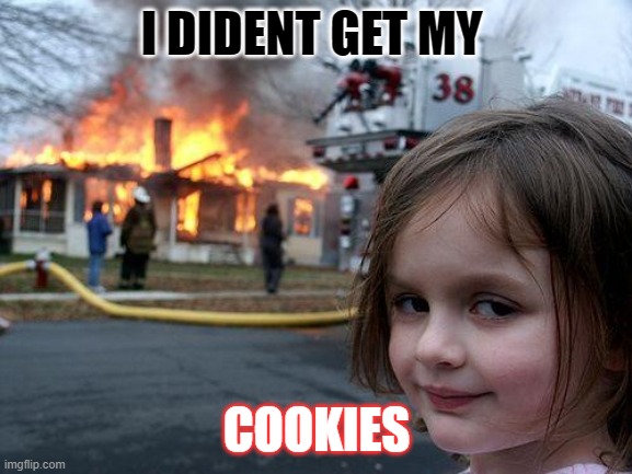 Give me my cookies! | I DIDENT GET MY; COOKIES | image tagged in memes,disaster girl | made w/ Imgflip meme maker