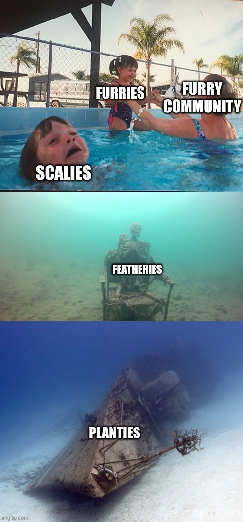 Mother ignores her child drowning, a skeleton in the pool, a shi | FURRY COMMUNITY FURRIES SCALIES FEATHERIES PLANTIES | image tagged in mother ignores her child drowning a skeleton in the pool a shi | made w/ Imgflip meme maker