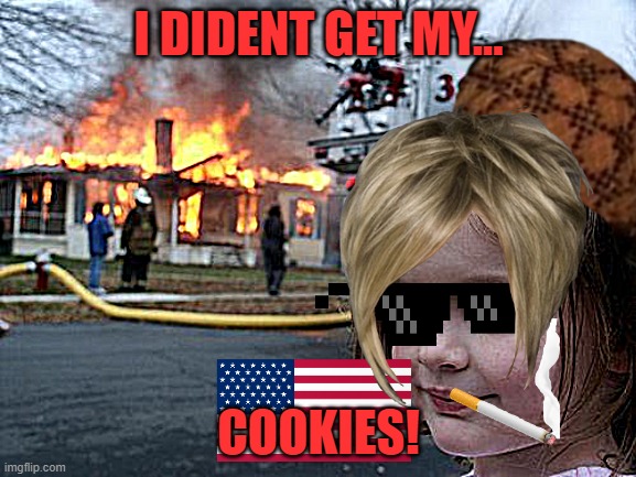 Disaster Girl Meme | I DIDENT GET MY... COOKIES! | image tagged in memes,disaster girl | made w/ Imgflip meme maker