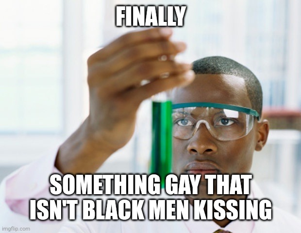 Black Scientist (Finally Xium) | FINALLY SOMETHING GAY THAT ISN'T BLACK MEN KISSING | image tagged in black scientist finally xium | made w/ Imgflip meme maker