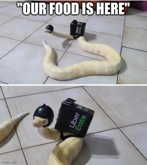 Larry snake from uber eats | "OUR FOOD IS HERE" | image tagged in larry snake from uber eats | made w/ Imgflip meme maker