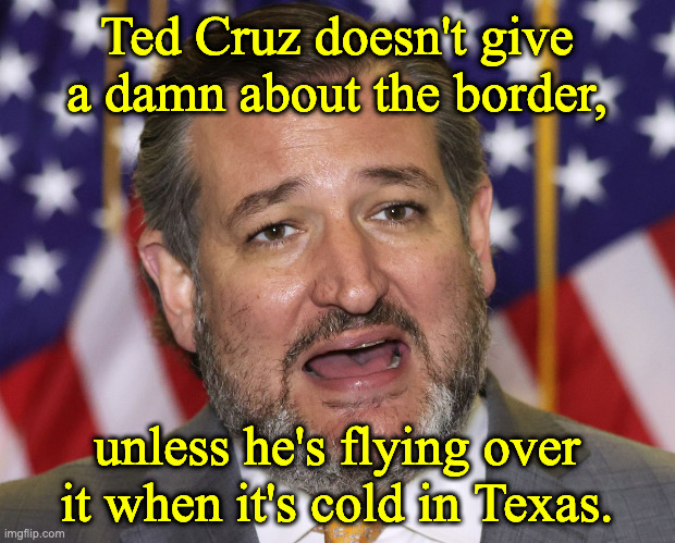 Ted Cruz Village Idiot, Traitor Senator Republican | Ted Cruz doesn't give a damn about the border, unless he's flying over it when it's cold in Texas. | image tagged in ted cruz village idiot traitor senator republican | made w/ Imgflip meme maker
