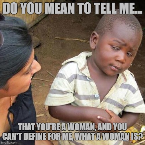 Third World Skeptical Kid | DO YOU MEAN TO TELL ME... THAT YOU'RE A WOMAN, AND YOU CAN'T DEFINE FOR ME, WHAT A WOMAN IS? | image tagged in memes,third world skeptical kid | made w/ Imgflip meme maker