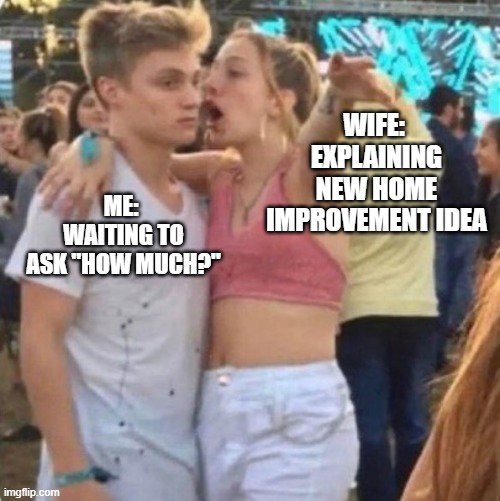 Wife Home Improvement Idea | WIFE: 
EXPLAINING NEW HOME IMPROVEMENT IDEA; ME: 
WAITING TO ASK "HOW MUCH?" | image tagged in girl talking to guy passionately | made w/ Imgflip meme maker