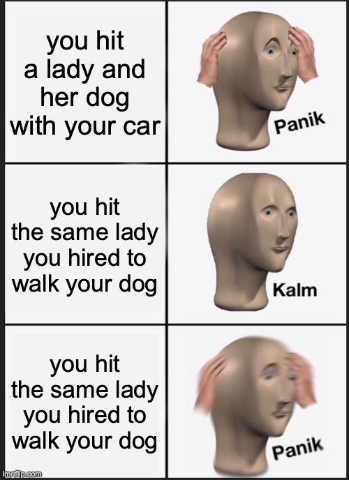 get it | you hit a lady and her dog with your car; you hit the same lady you hired to walk your dog; you hit the same lady you hired to walk your dog | image tagged in memes,panik kalm panik | made w/ Imgflip meme maker