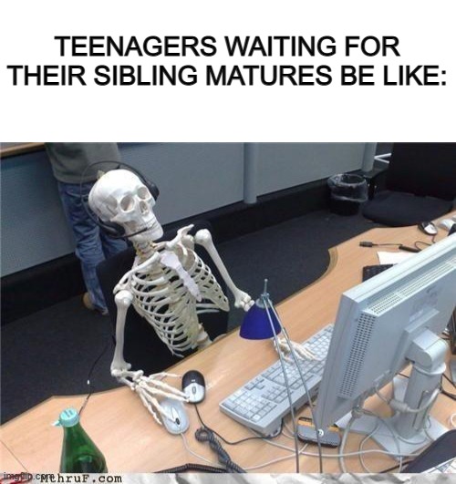 *Sigh* it takes forever T-T if you have to siblings, you're lucky in some sense... | TEENAGERS WAITING FOR THEIR SIBLING MATURES BE LIKE: | image tagged in blank white template,waiting skeleton | made w/ Imgflip meme maker