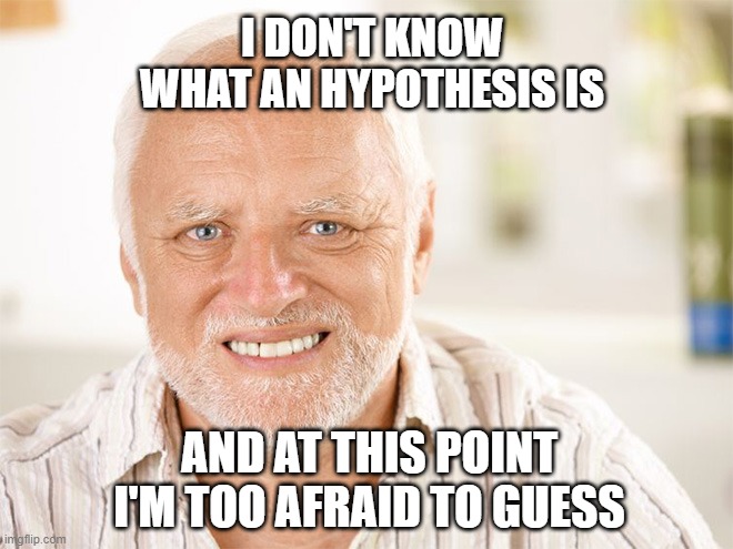 I LOVE STATISTICS | I DON'T KNOW WHAT AN HYPOTHESIS IS; AND AT THIS POINT I'M TOO AFRAID TO GUESS | image tagged in awkward smiling old man | made w/ Imgflip meme maker