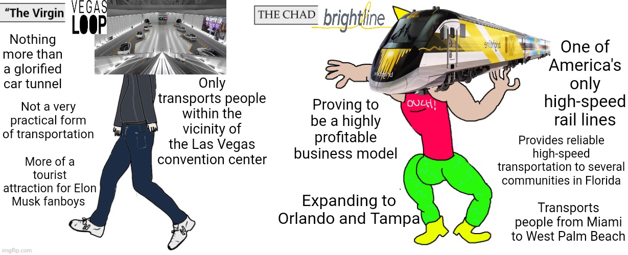 Virgin Vegas Loop vs Chad Brightline Florida high-speed rail | One of America's only high-speed rail lines; Nothing more than a glorified car tunnel; Only transports people within the vicinity of the Las Vegas convention center; Proving to be a highly profitable business model; Not a very practical form of transportation; Provides reliable high-speed transportation to several communities in Florida; More of a tourist attraction for Elon Musk fanboys; Expanding to Orlando and Tampa; Transports people from Miami to West Palm Beach | image tagged in virgin and chad,trains,transportation,vegas loop,las vegas,florida | made w/ Imgflip meme maker