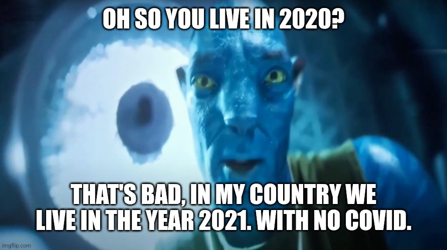 Staring Avatar Guy | OH SO YOU LIVE IN 2020? THAT'S BAD, IN MY COUNTRY WE LIVE IN THE YEAR 2021. WITH NO COVID. | image tagged in staring avatar guy | made w/ Imgflip meme maker