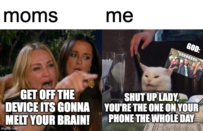 Woman Yelling At Cat | moms; me; GOD:; GET OFF THE DEVICE ITS GONNA MELT YOUR BRAIN! SHUT UP LADY, YOU'RE THE ONE ON YOUR PHONE THE WHOLE DAY | image tagged in memes,woman yelling at cat | made w/ Imgflip meme maker