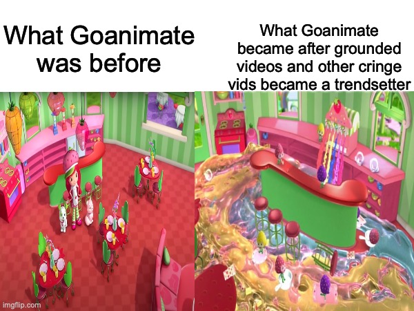 Basically Goanimate before and after done using a cafe | What Goanimate became after grounded videos and other cringe vids became a trendsetter; What Goanimate was before | image tagged in goanimate,strawberry shortcake,grounded,memes | made w/ Imgflip meme maker