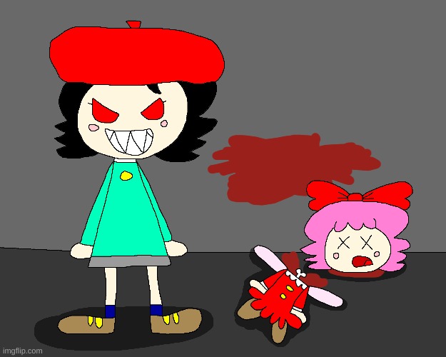 Adeleine murdered Ribbon again because it's funny | image tagged in kirby,gore,blood,funny,cute,parody | made w/ Imgflip meme maker