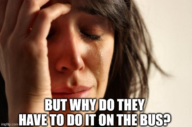 First World Problems Meme | BUT WHY DO THEY HAVE TO DO IT ON THE BUS? | image tagged in memes,first world problems | made w/ Imgflip meme maker