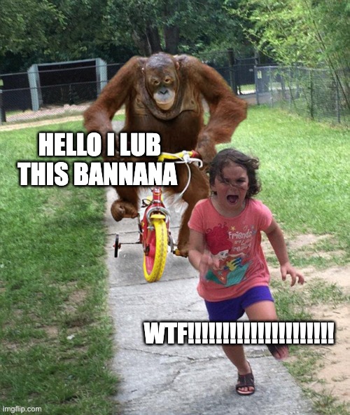 Orangutan chasing girl on a tricycle | HELLO I LUB THIS BANNANA; WTF!!!!!!!!!!!!!!!!!!!!! | image tagged in orangutan chasing girl on a tricycle | made w/ Imgflip meme maker