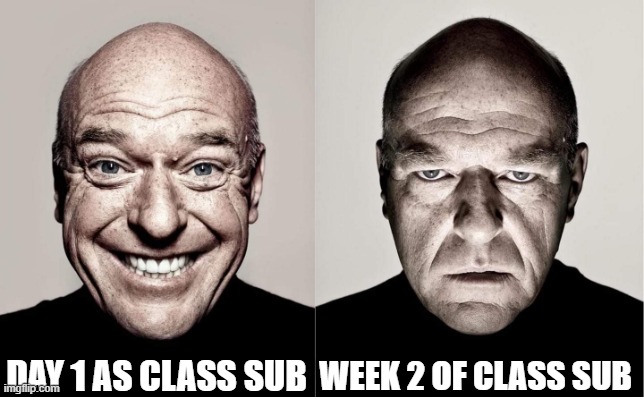 Hank | DAY 1 AS CLASS SUB; WEEK 2 OF CLASS SUB | image tagged in hank,memes | made w/ Imgflip meme maker