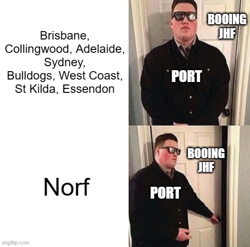 Persuadable Bouncer | Brisbane, Collingwood, Adelaide, Sydney, Bulldogs, West Coast, St Kilda, Essendon; BOOING JHF; PORT; Norf; BOOING JHF; PORT | image tagged in persuadable bouncer | made w/ Imgflip meme maker