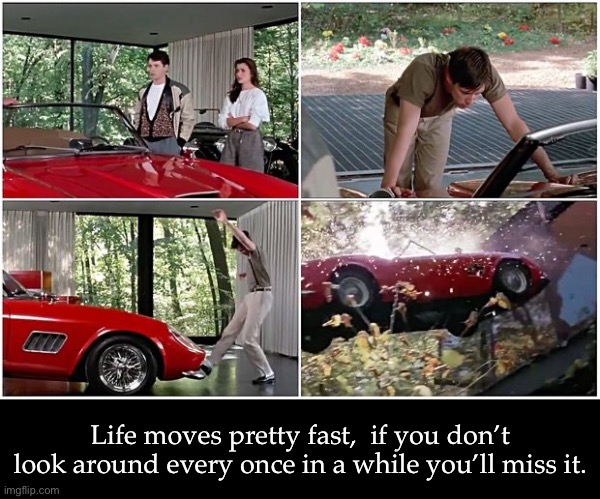 Ferris Bueller | Life moves pretty fast,  if you don’t look around every once in a while you’ll miss it. | image tagged in ferrari,ferris bueller,car,car crash,life,fast | made w/ Imgflip meme maker