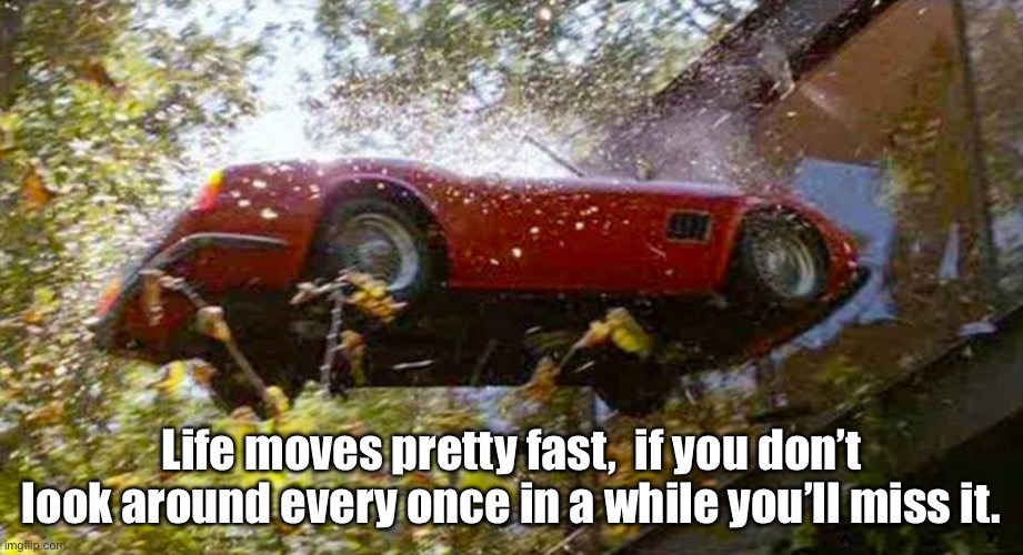 Ferris Bueller | Life moves pretty fast,  if you don’t look around every once in a while you’ll miss it. | image tagged in ferris ferrari crash,ferrari,ferris bueller,life,fast | made w/ Imgflip meme maker