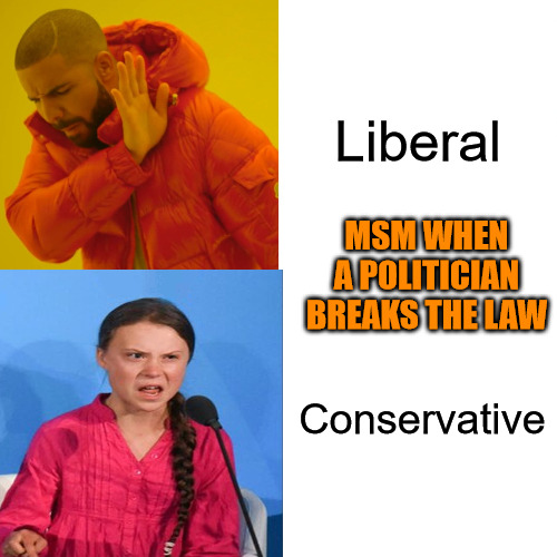 Different Strokes for Different Folks. | Liberal; MSM WHEN A POLITICIAN BREAKS THE LAW; Conservative | image tagged in drake hotline bling,greta thunberg how dare you | made w/ Imgflip meme maker