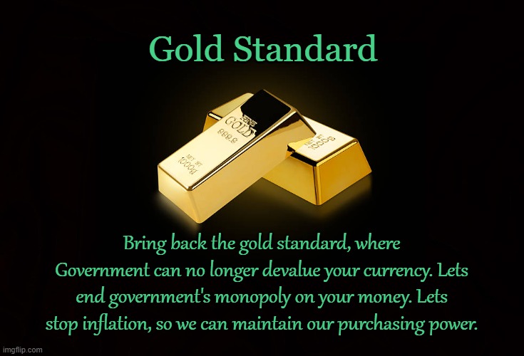 MONEY | Gold Standard; Bring back the gold standard, where Government can no longer devalue your currency. Lets end government's monopoly on your money. Lets stop inflation, so we can maintain our purchasing power. | image tagged in gold,money,fiat,currency,cash,coin | made w/ Imgflip meme maker