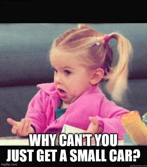 I dont know girl | WHY CAN'T YOU JUST GET A SMALL CAR? | image tagged in i dont know girl | made w/ Imgflip meme maker
