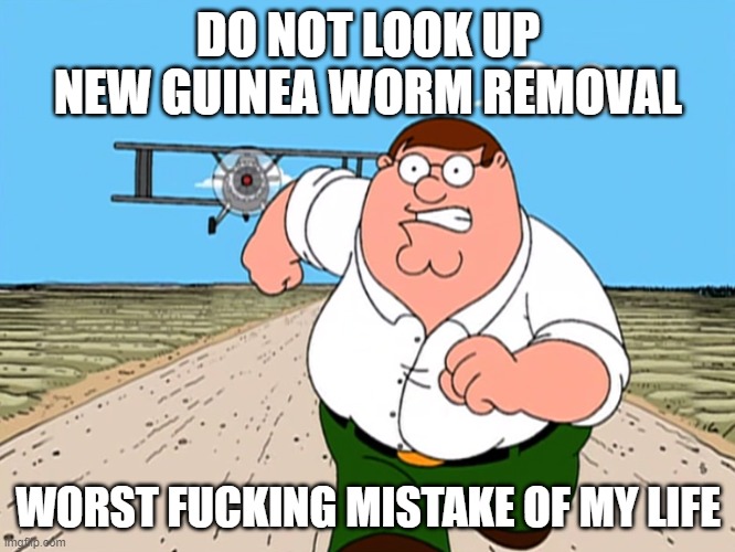 Peter Griffin running away | DO NOT LOOK UP NEW GUINEA WORM REMOVAL; WORST FUCKING MISTAKE OF MY LIFE | image tagged in peter griffin running away | made w/ Imgflip meme maker